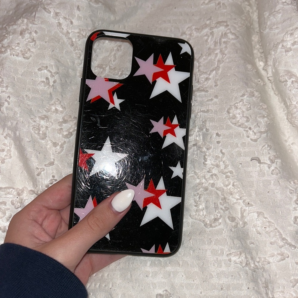 iphone 11 pro max black phone case w light pink, hot pink, & white stars